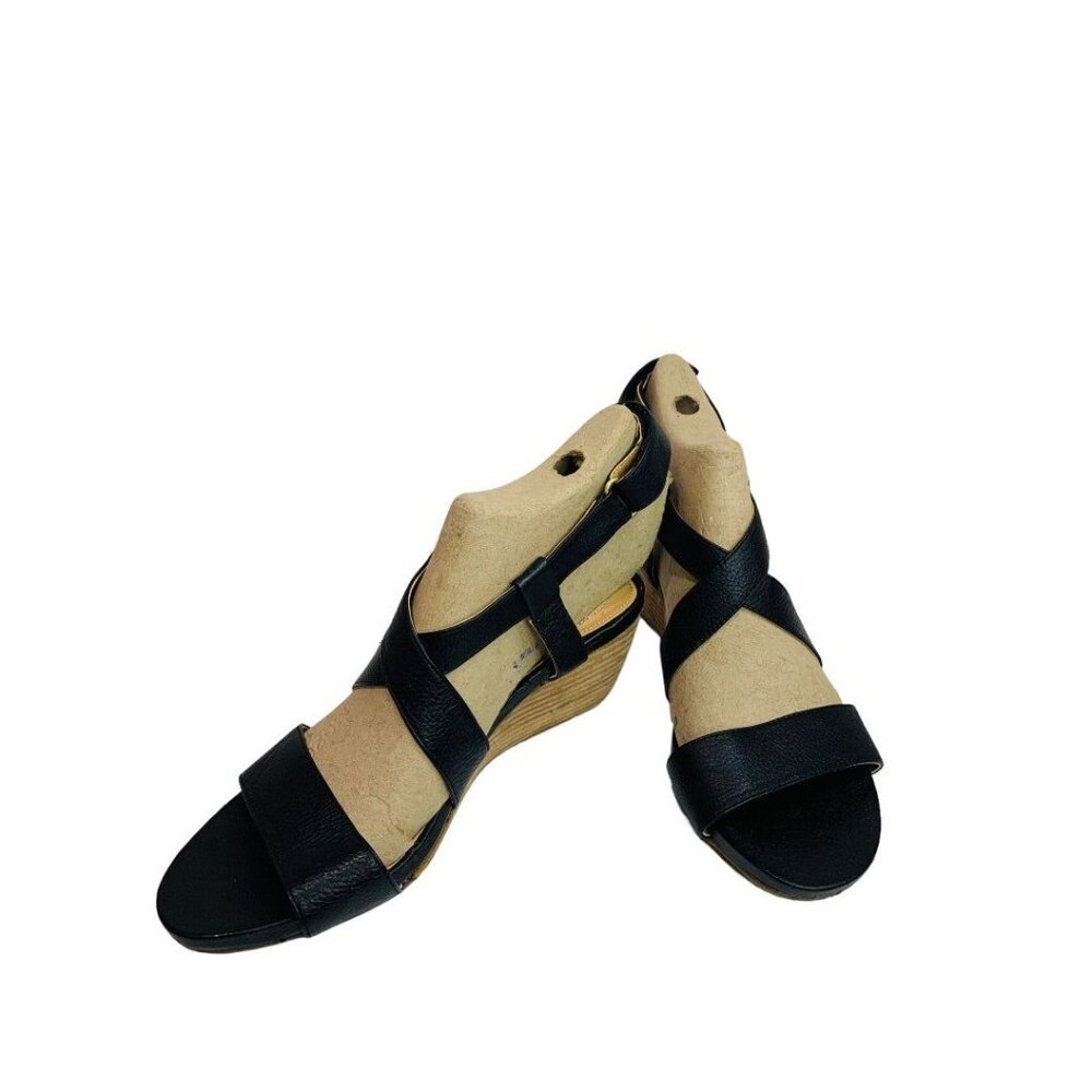 Size 9 Me Too Women's Black Leather Wedge Payton Sandals - Picture 7 of 11